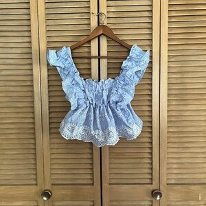 Blue and White Floral Ruffle Top